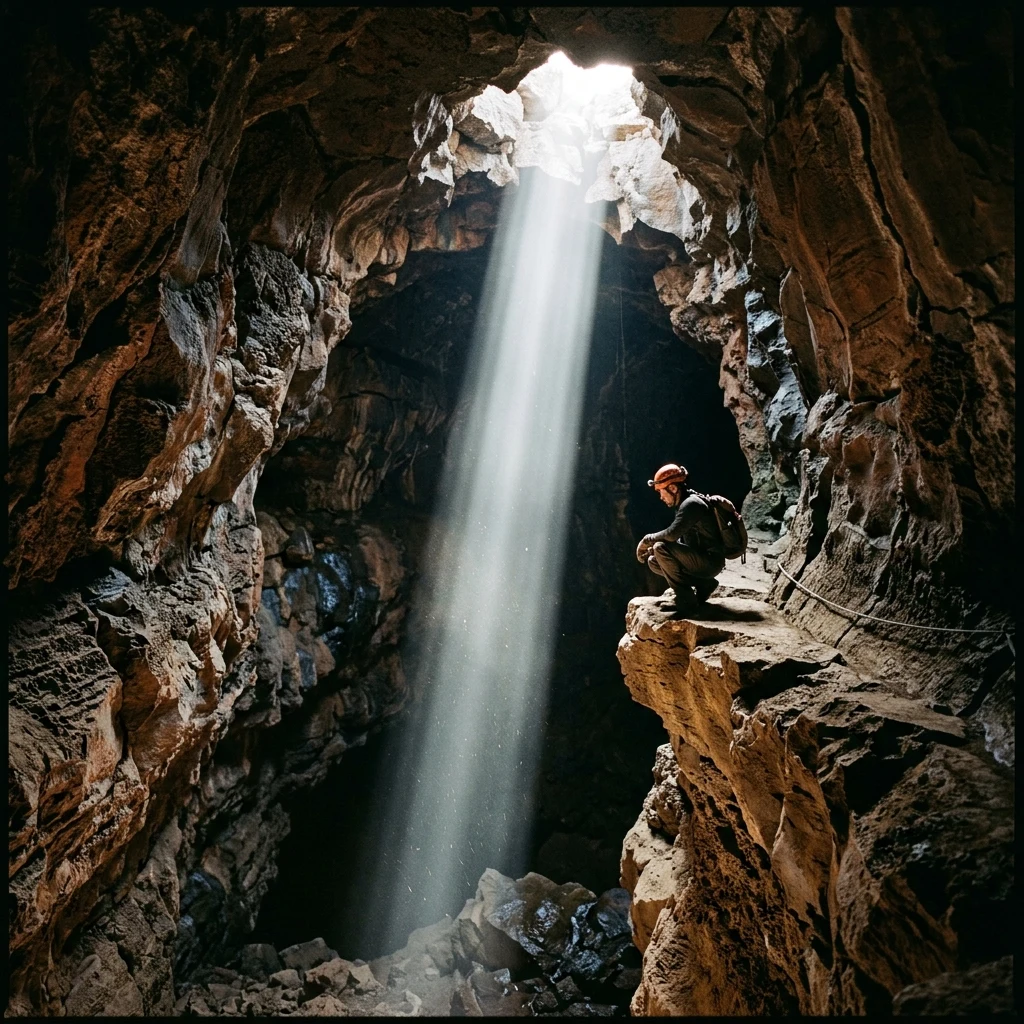 Explorer resting in a sunlit volcanic cave