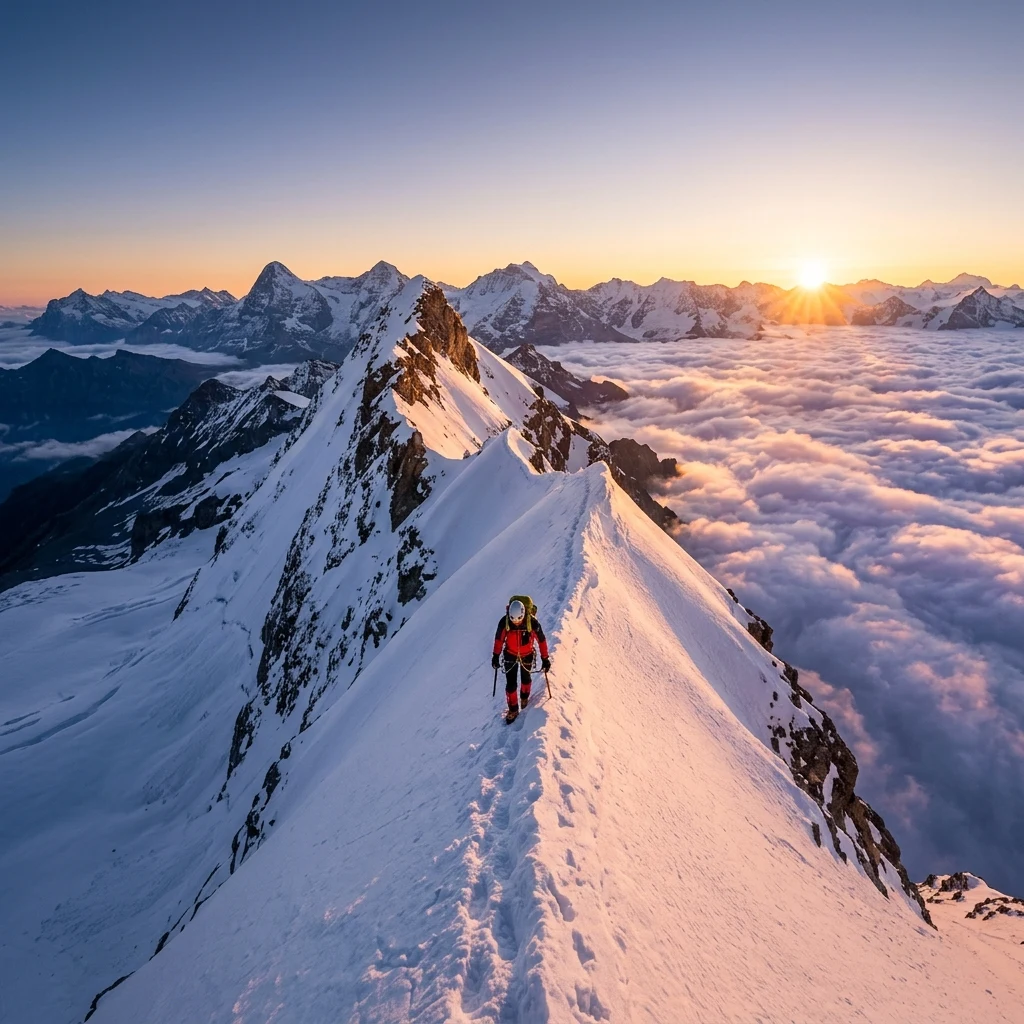 Climber on a snowy mountain ridge at dawn