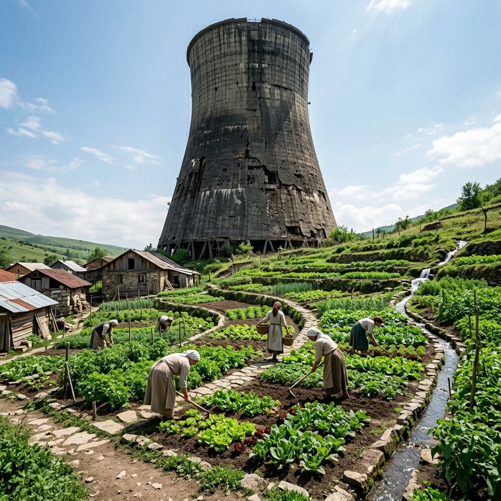 Gardeners working by a concrete cooling tower