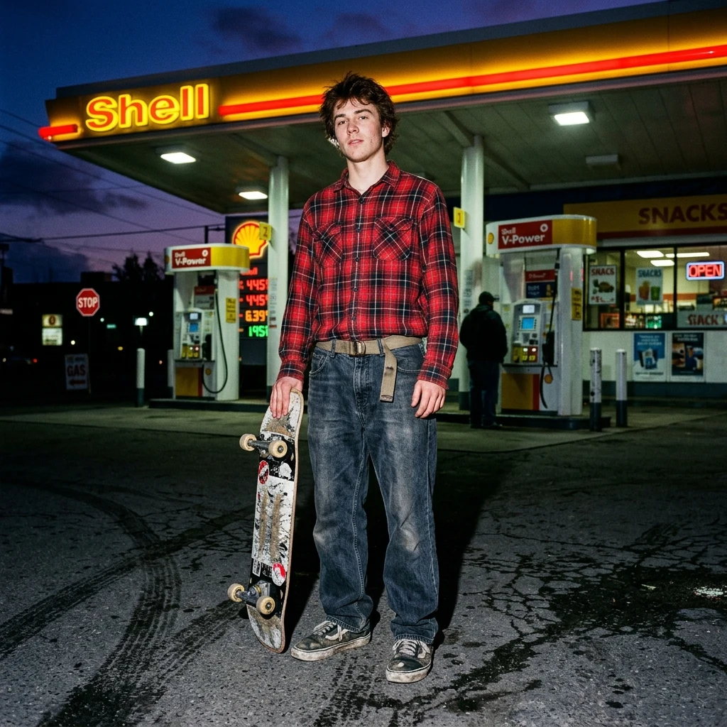 A skater in baggy jeans and a tucked flannel with Vans worn through at the ollie patch