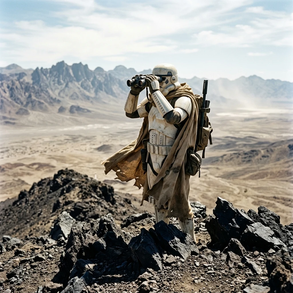 A planetary scout in a sun-faded sand-dune camouflage cloak over lightweight ceramic…