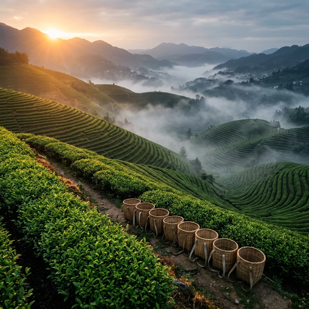 A hillside tea plantation at first light