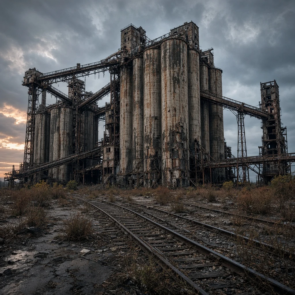Old grain silos at an abandoned rail yard