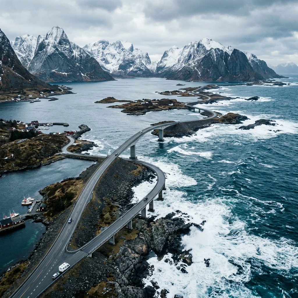 Winding road along a rugged coastline