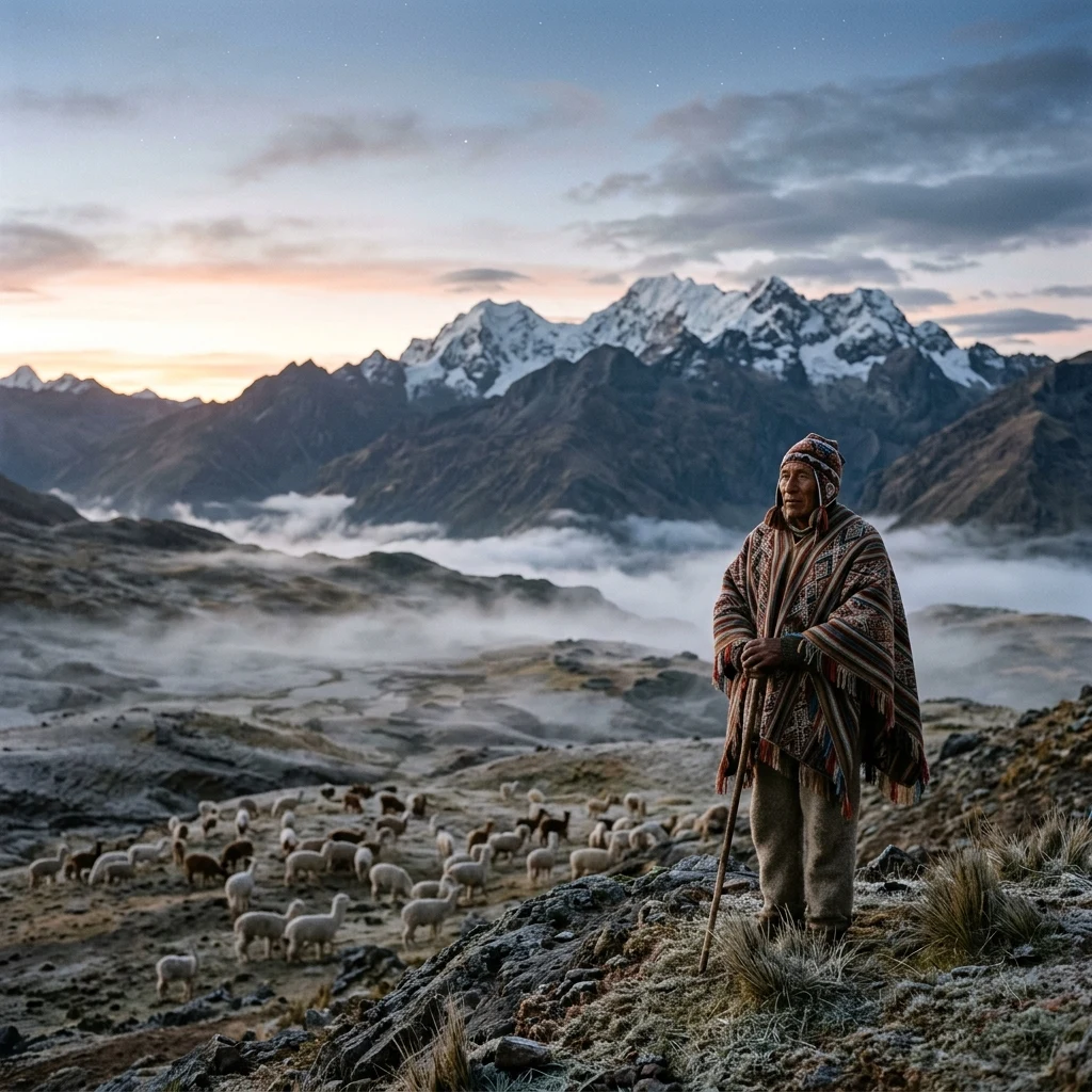 A Quechua shepherd in a hand-woven wool poncho standing on a high Andean plateau at dawn