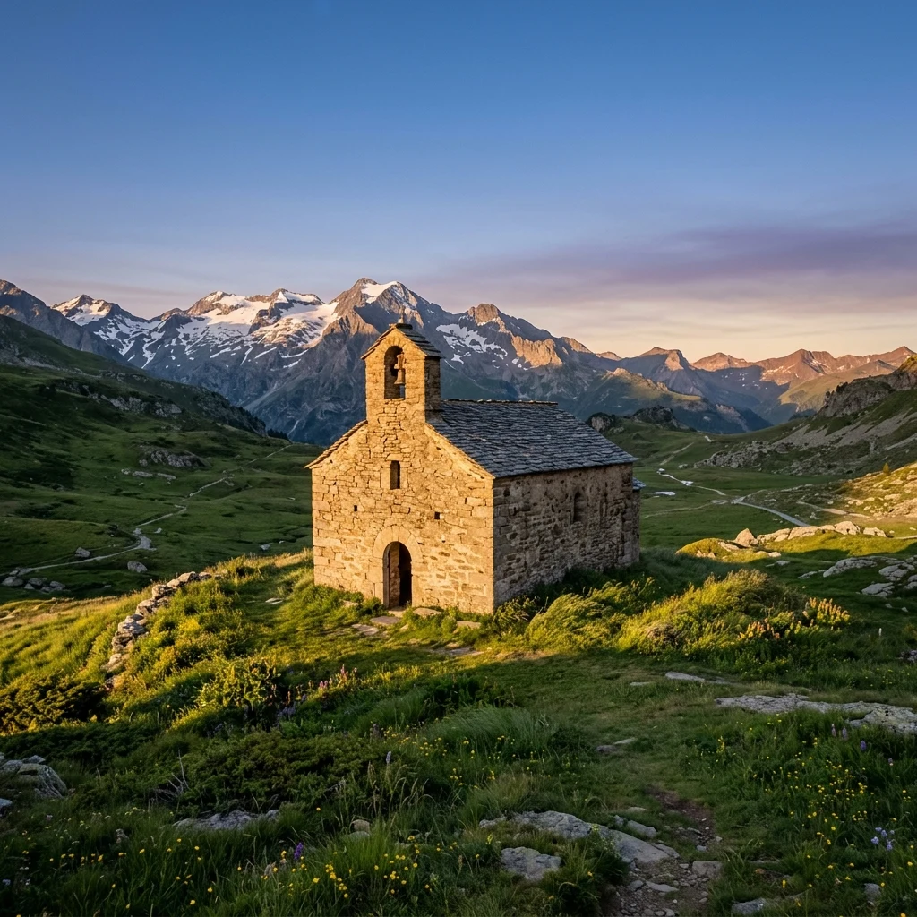 An ancient Romanesque stone chapel standing isolated in a high Pyrenean valley