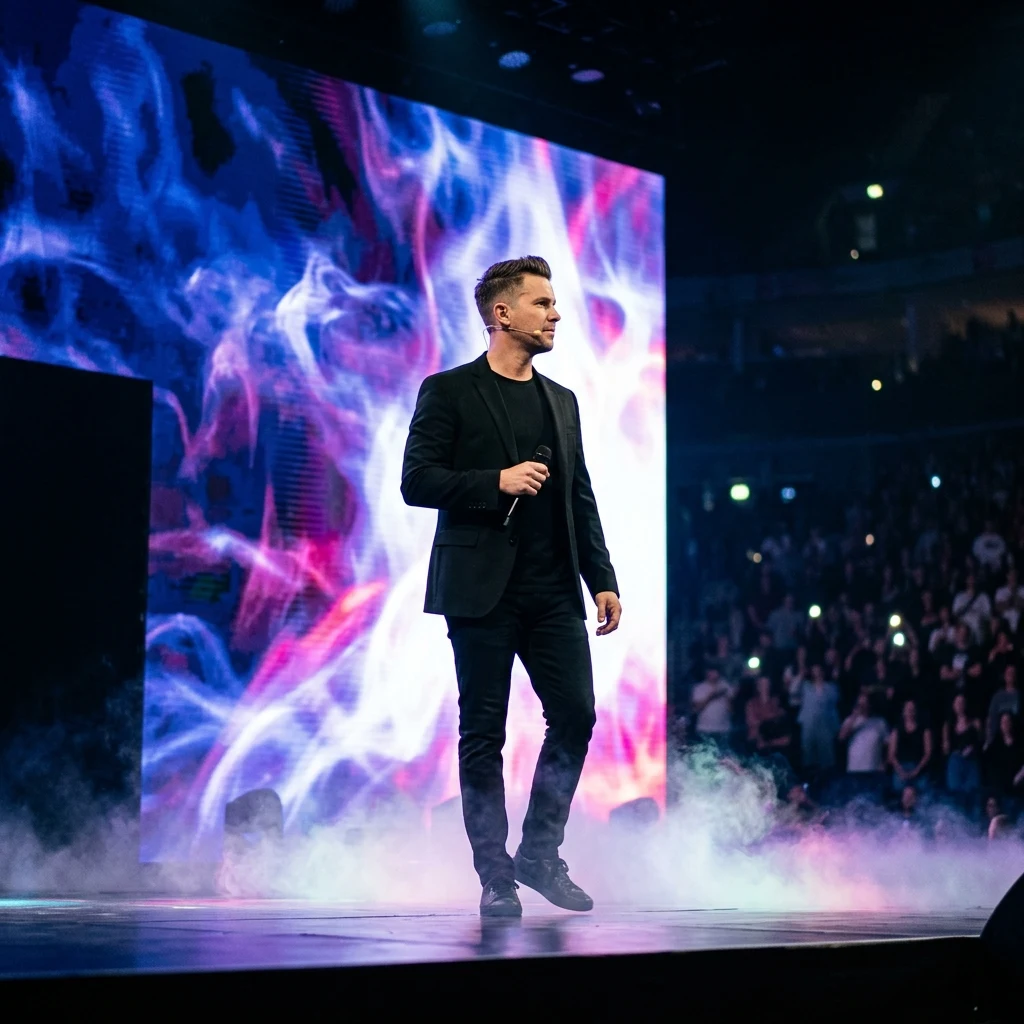 Performer on a stage with glowing lights