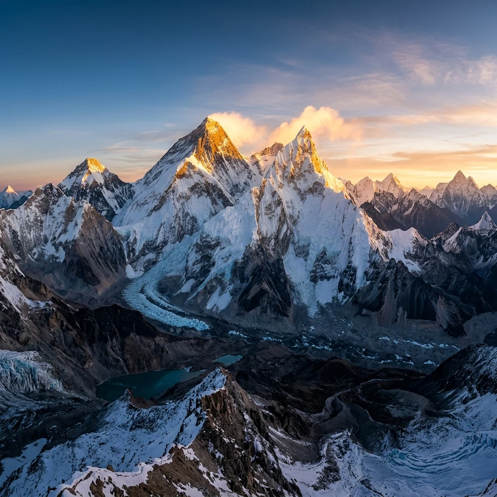National Geographic style panoramic photograph of the Himalayas at first light