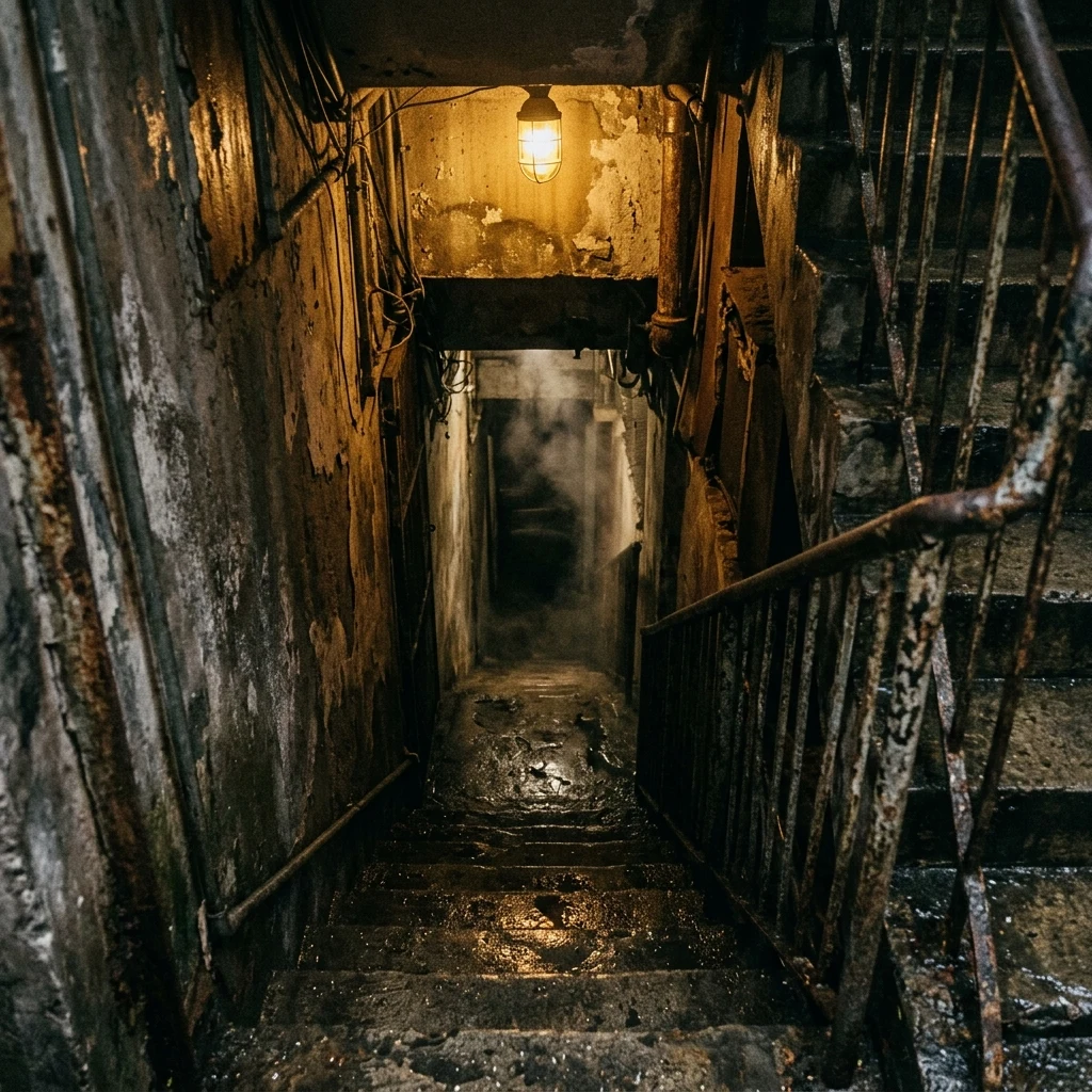 A wet, narrow stairwell deep inside Kowloon Walled City at night, steam rising from a…
