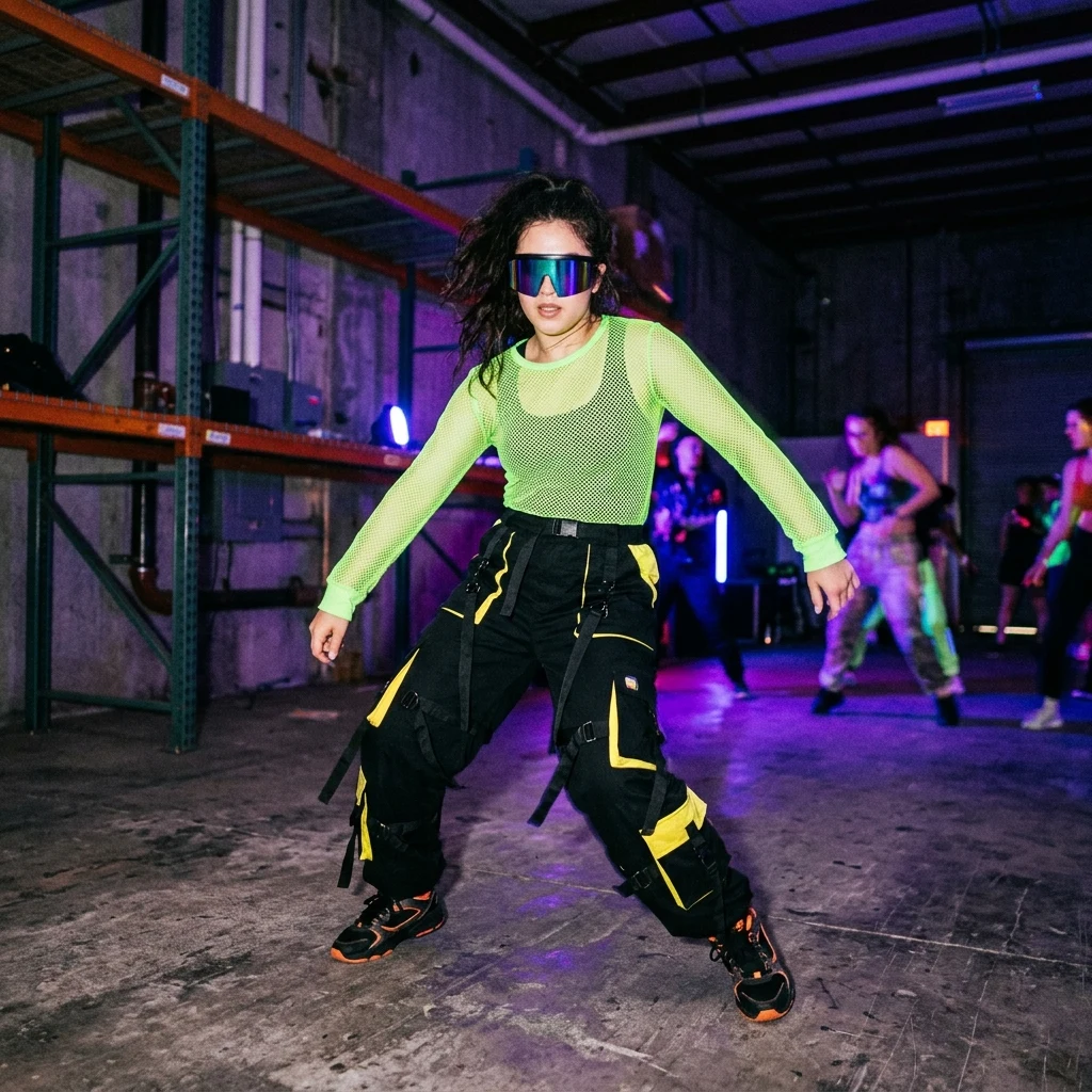 A 2000s raver in a neon mesh long-sleeve tee