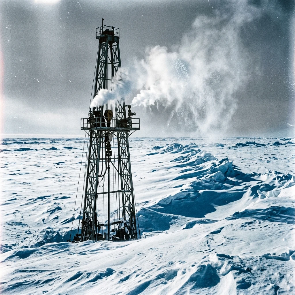 A deep-ice core drilling rig on the featureless Antarctic ice sheet above the hidden…