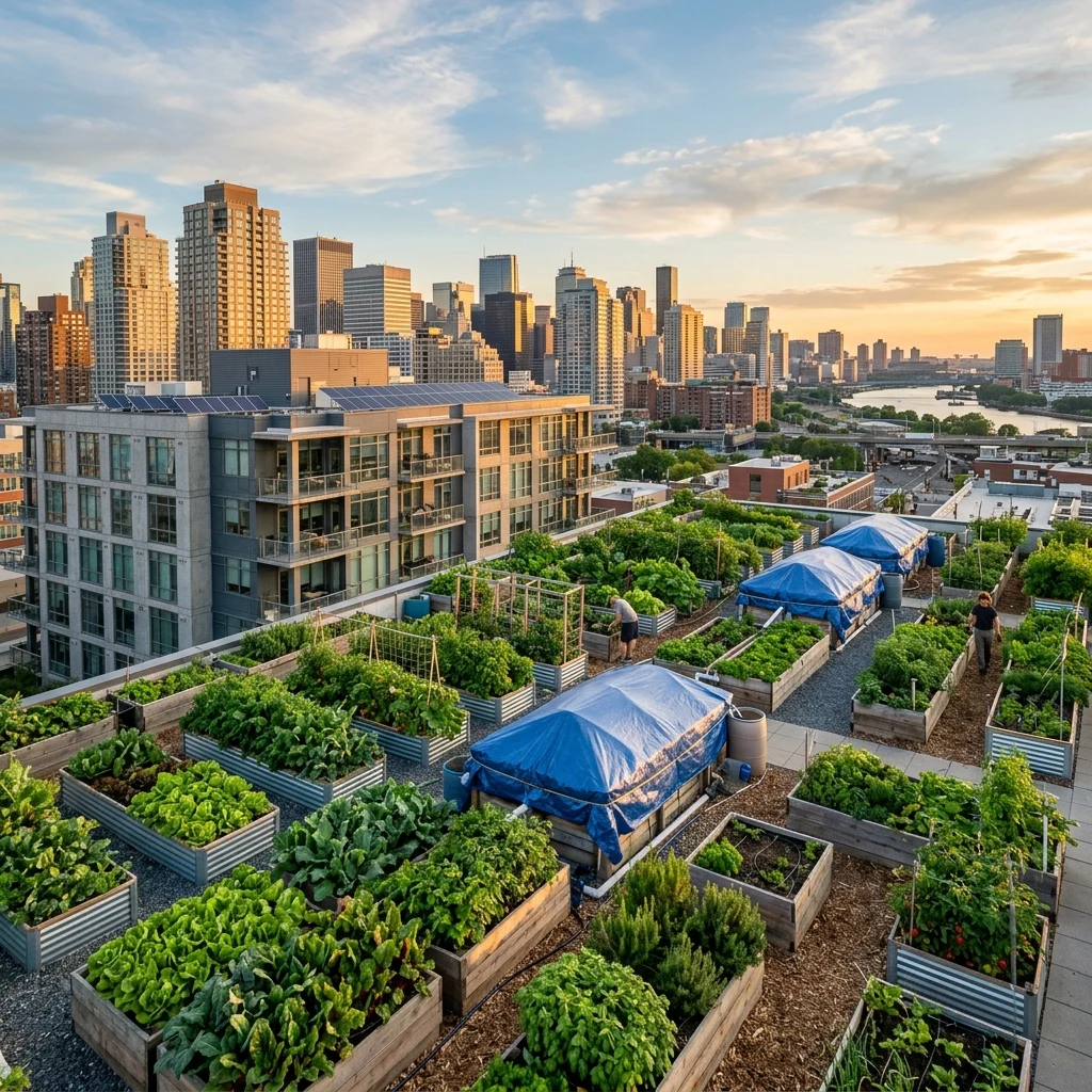 Rooftop garden overlooking a city skyline