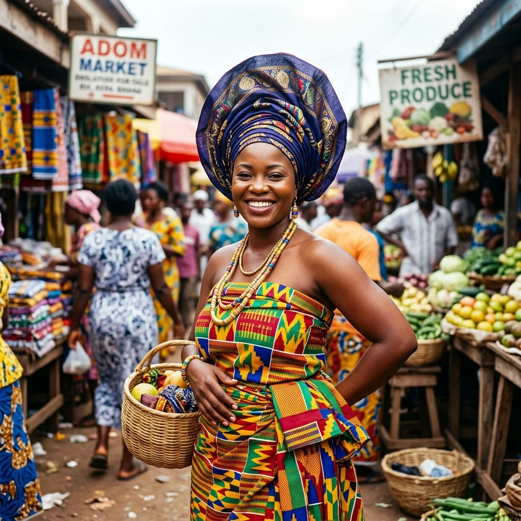 A West African woman wearing an ornate