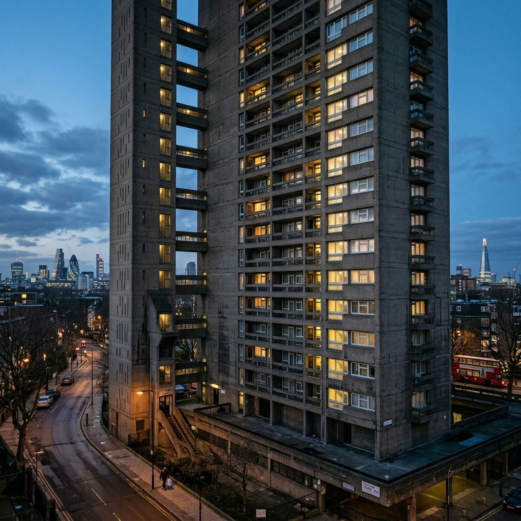 A massive, raw concrete brutalist residential block in London photographed at blue hour…