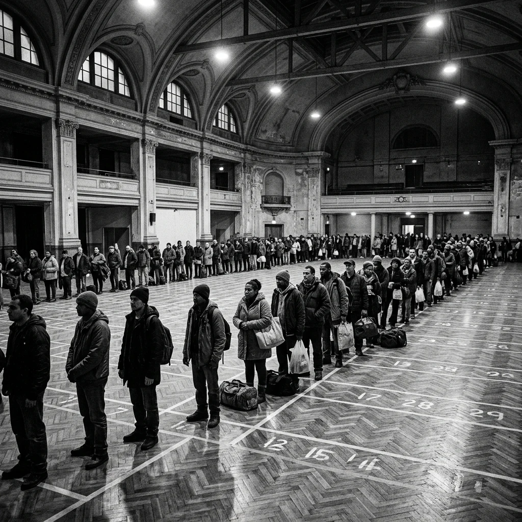 A ration distribution hall in a repurposed civic auditorium