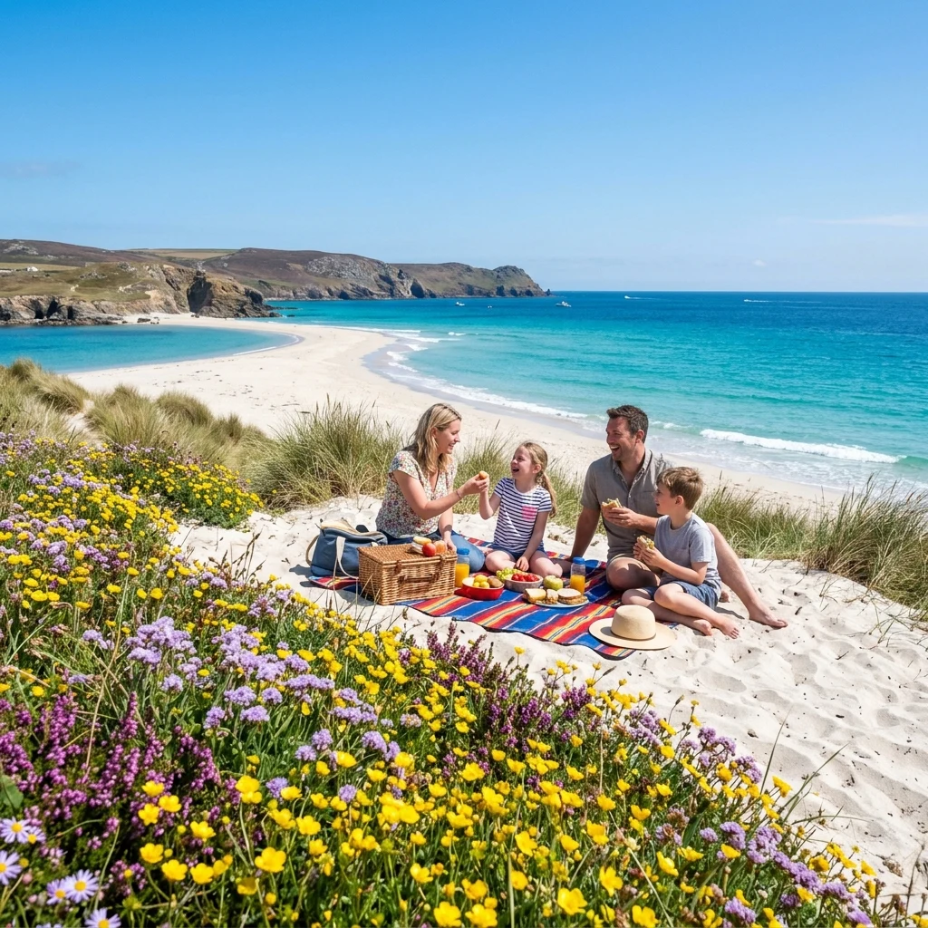 Family picnic on a sunny coastal beach