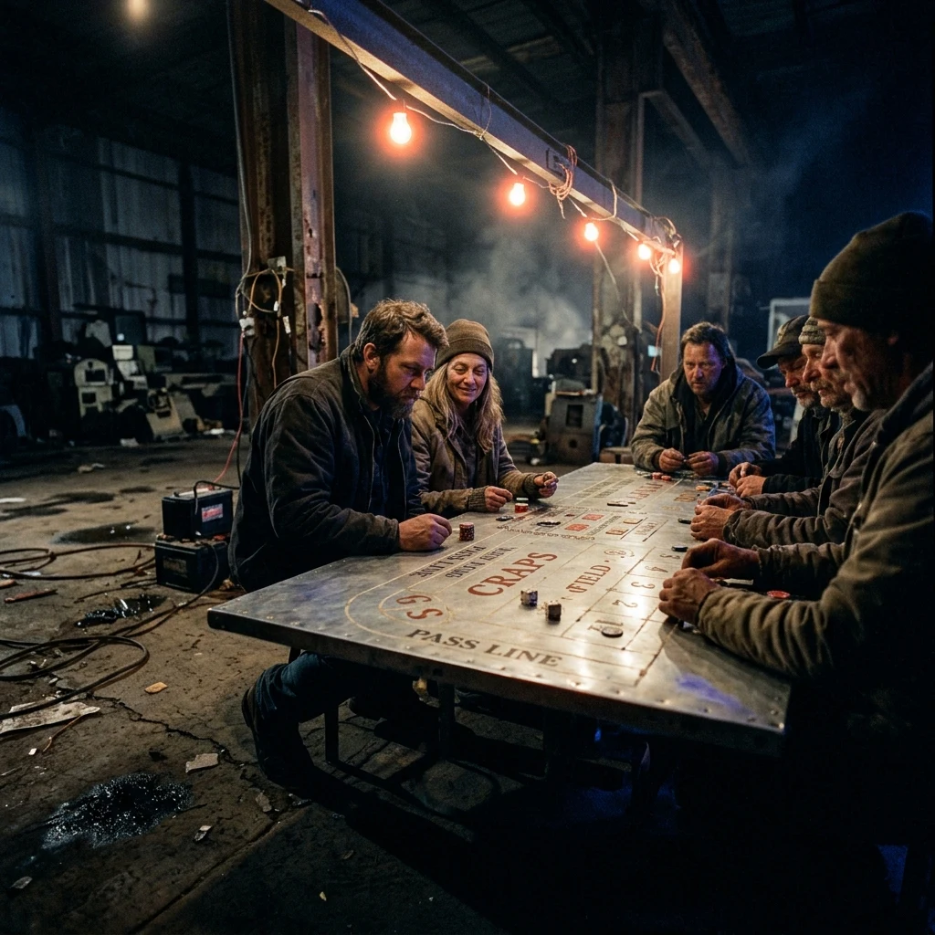 A post-societal casino shanty lit by low-voltage car batteries