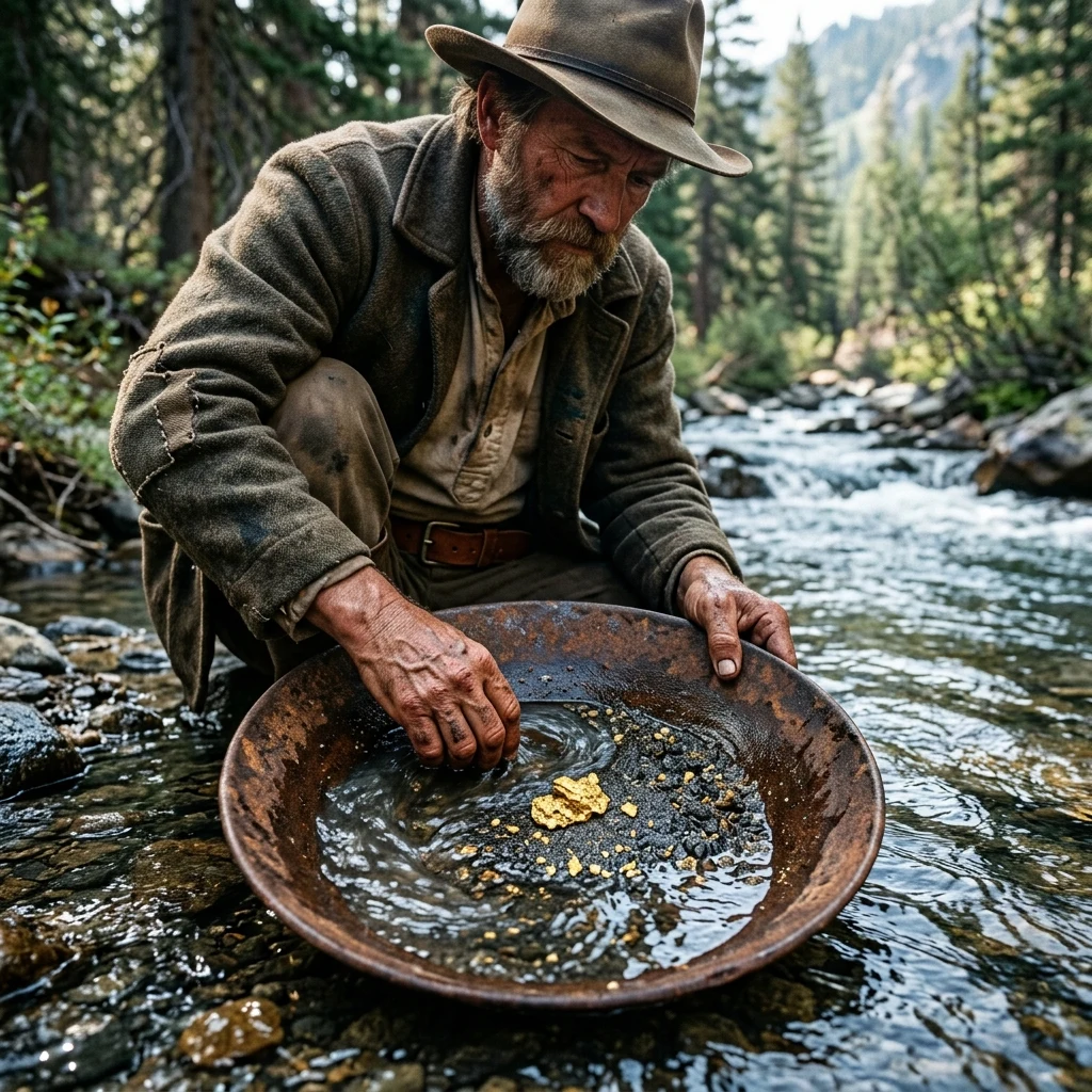 A 1860s gold prospector crouching by a mountain stream with a rusted iron pan