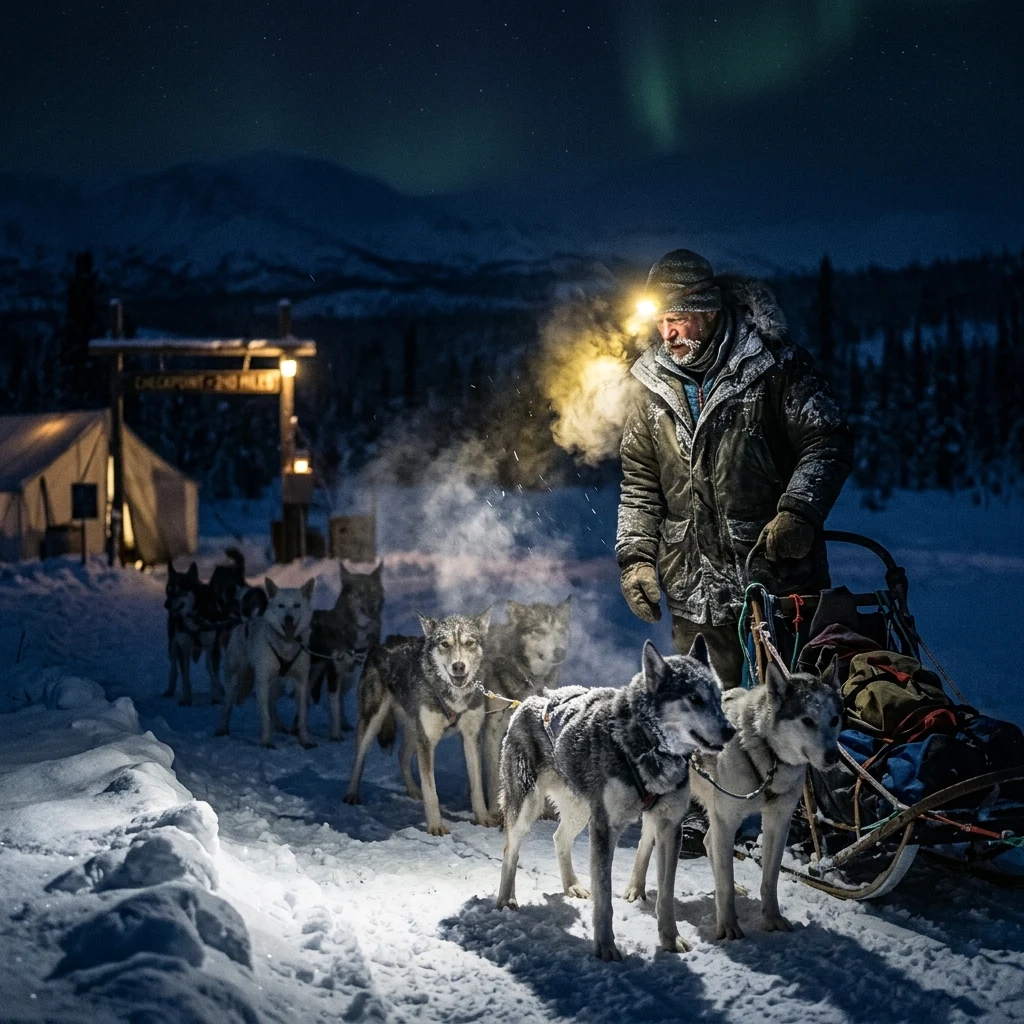 Musher and sled dogs resting in the snow