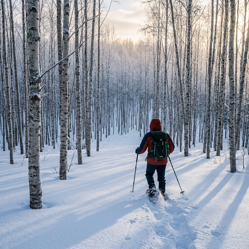 Snowshoer trekking through a quiet birch forest