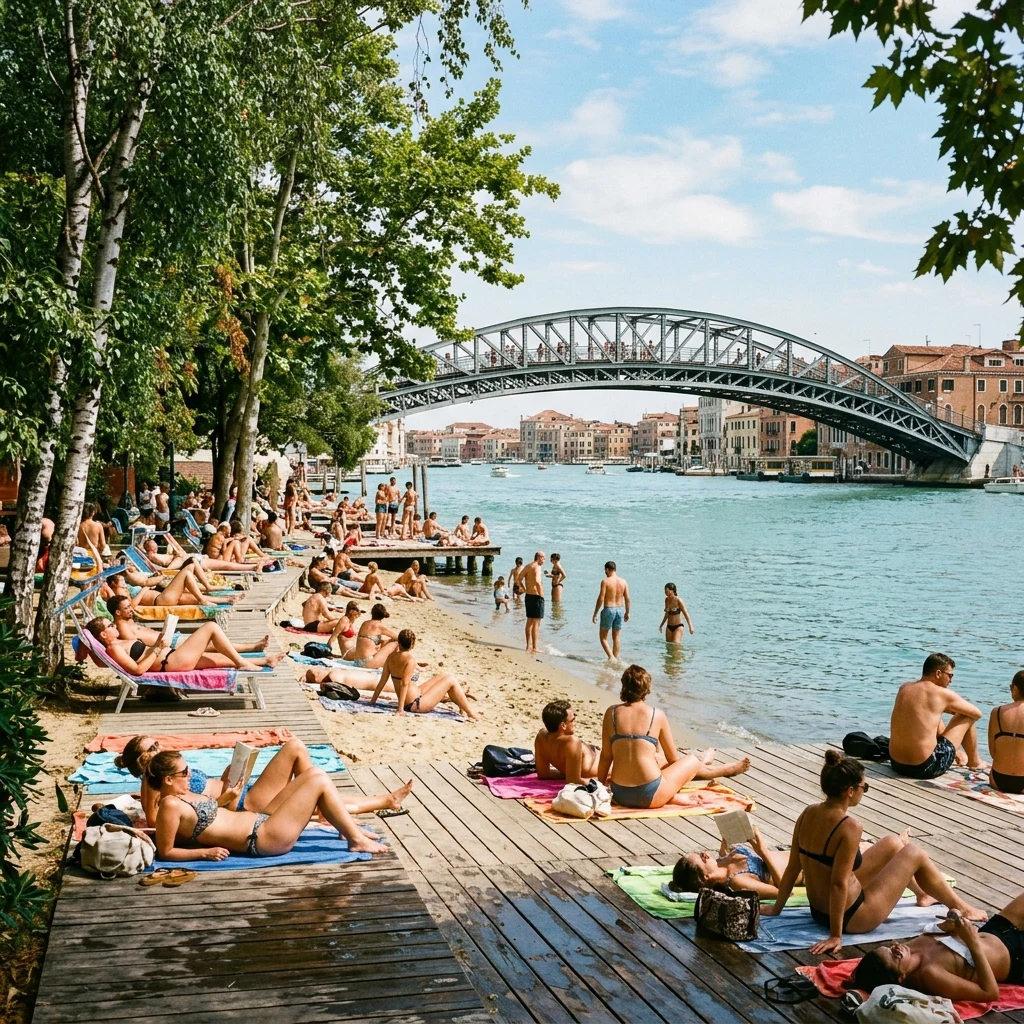 Sunbathers relaxing on the wooden decks and sandy shoreline of Hydropark in Kyiv
