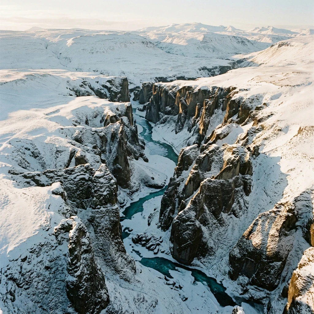A sweeping vista of a frozen winding river cutting a turquoise ribbon through a…