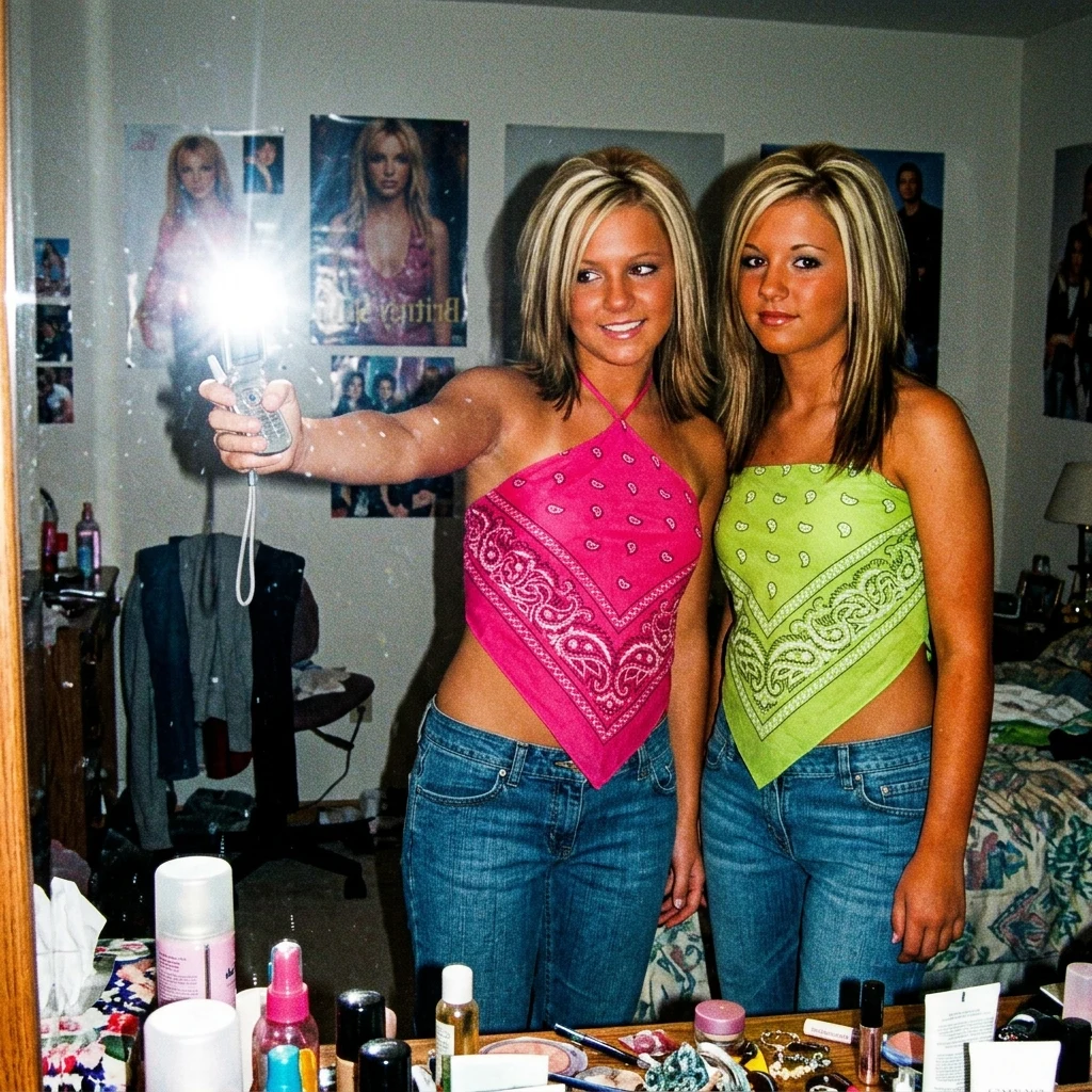 Friends taking a photo in a bedroom mirror