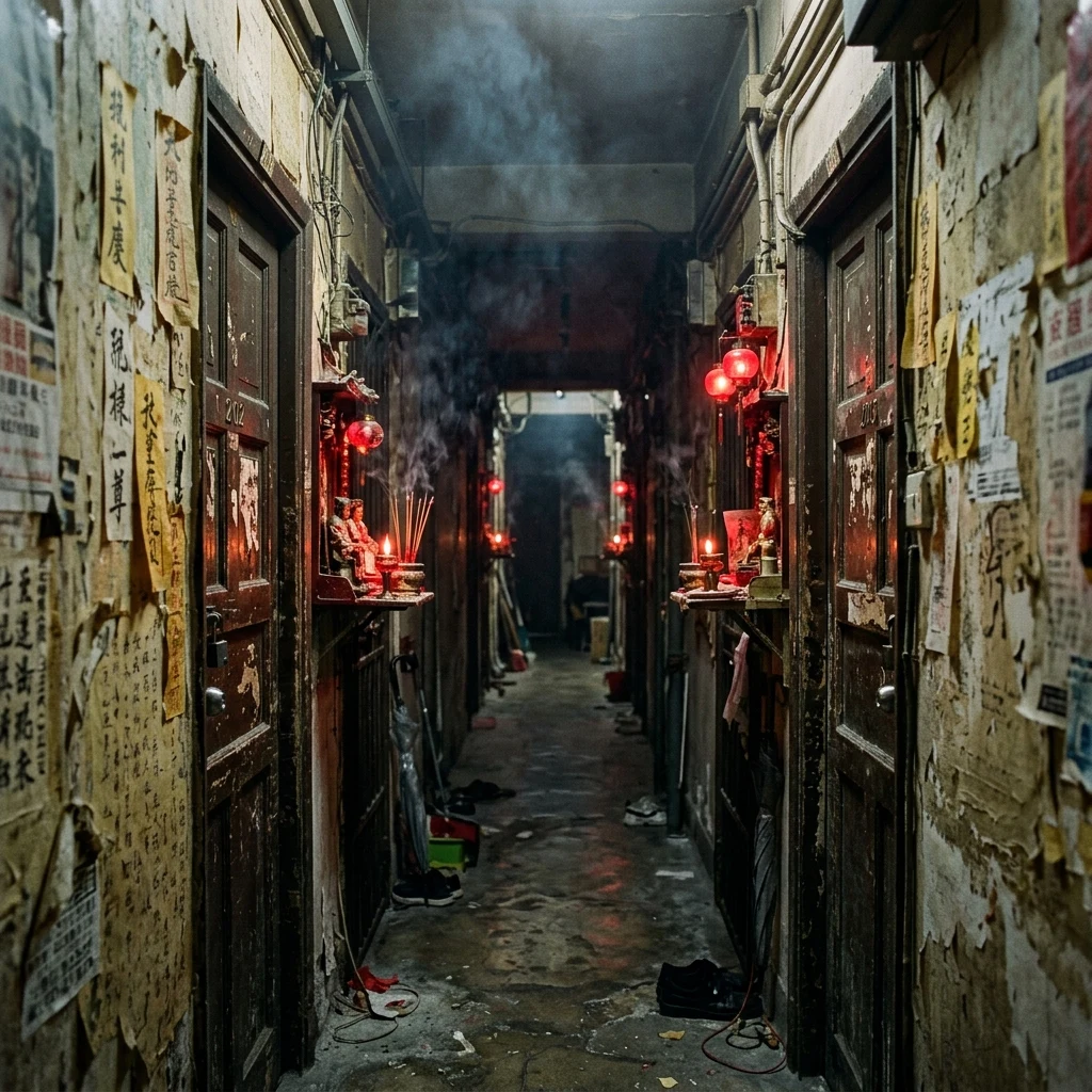 Dim hallway with incense and shrines