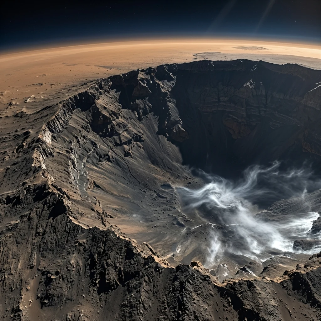 A high-altitude perspective above the summit caldera of Ascraeus Mons in Tharsis Montes