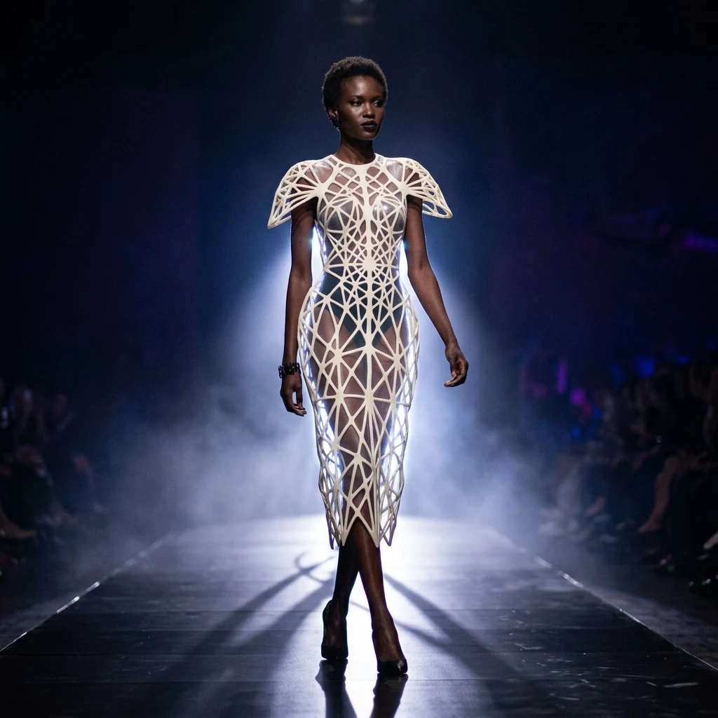 Model walking on a futuristic runway