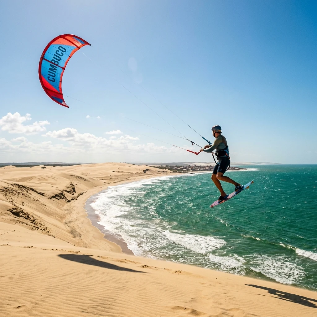 Kite surfer soaring above sandy dunes