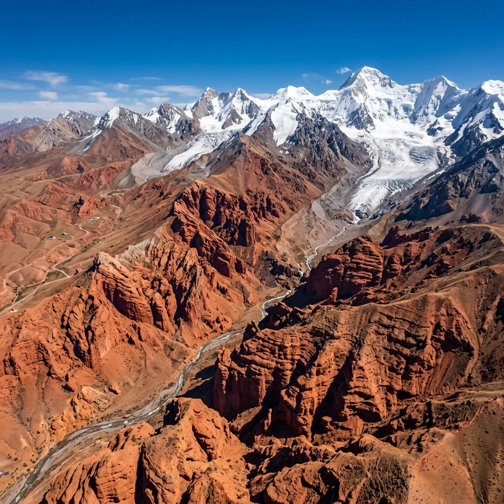 Red canyons meeting white mountain glaciers