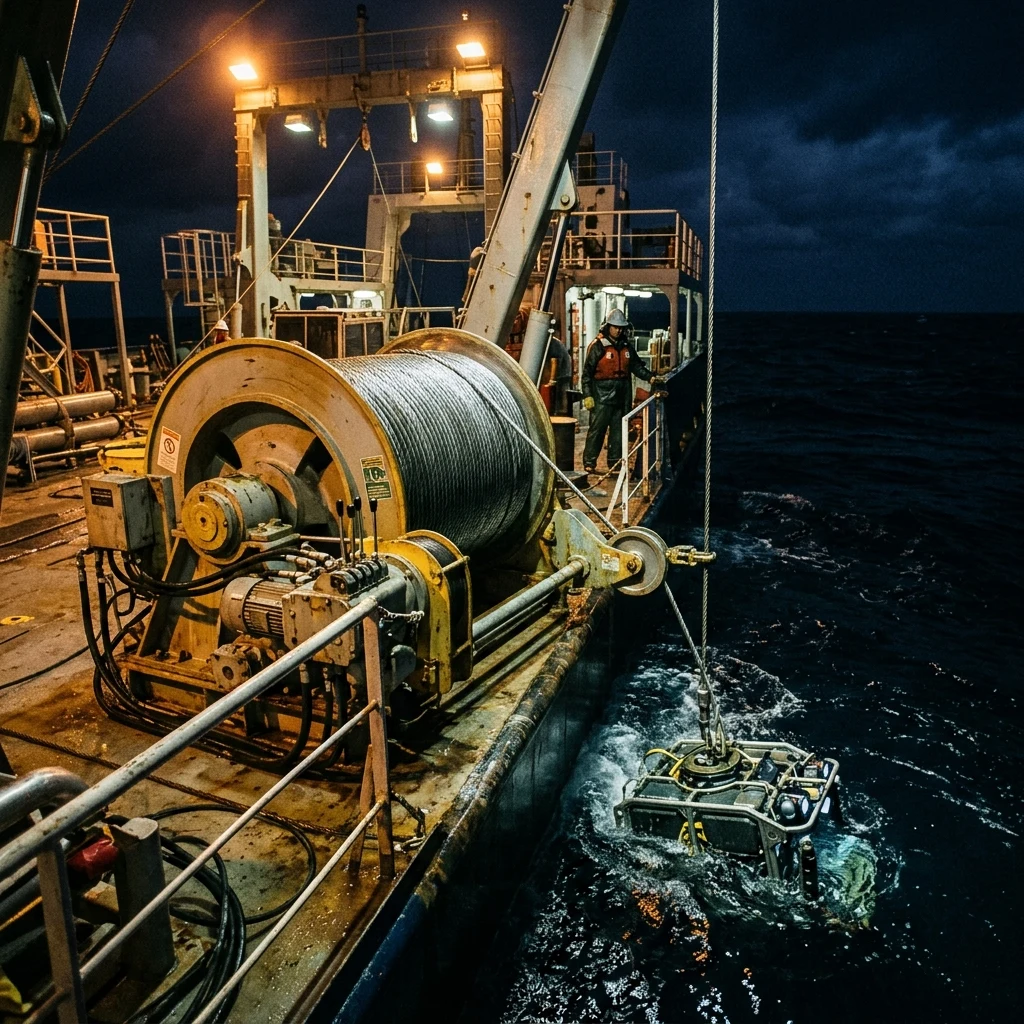 A oceanographic winch spooling out miles of steel cable to lower a deep-sea camera to the…