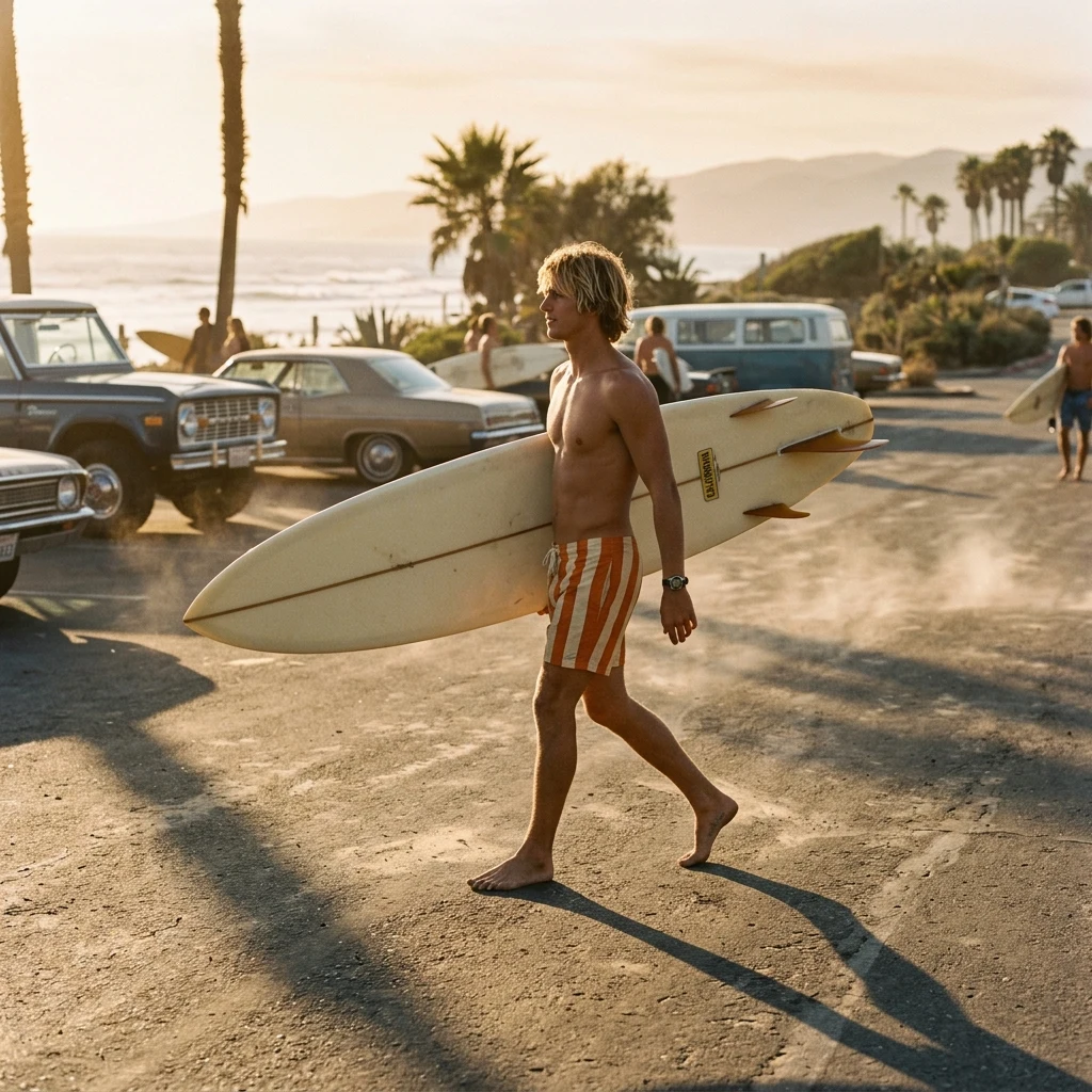Surfer walking through a sunlit parking lot