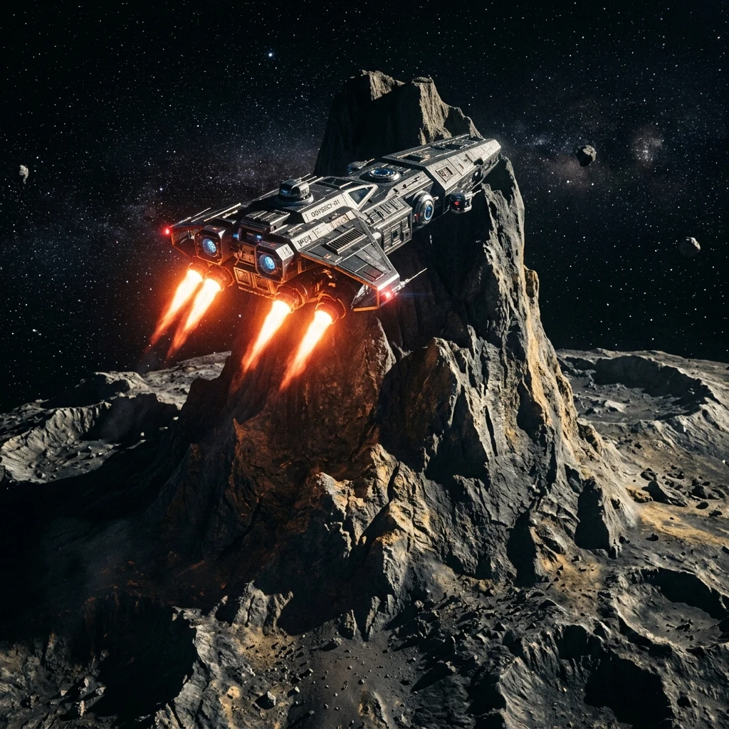 Spacecraft hovering over a rocky asteroid