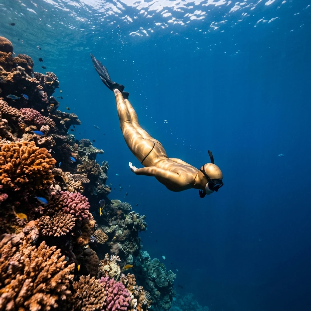 A female freediver in a metallic gold neoprene smoothskin wetsuit