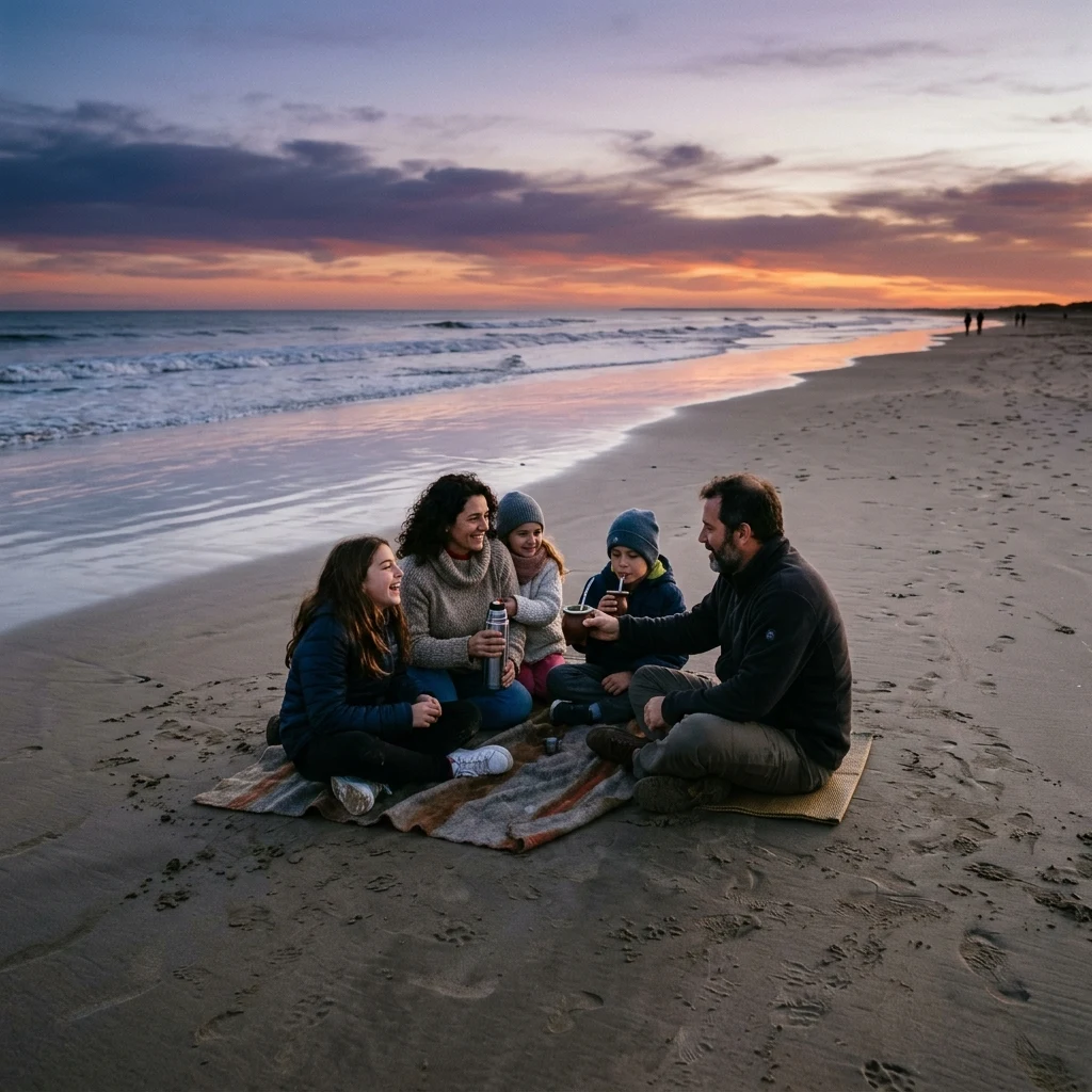A family sharing mate tea from a gourd on the wide sandy beach of Punta del Este at dusk