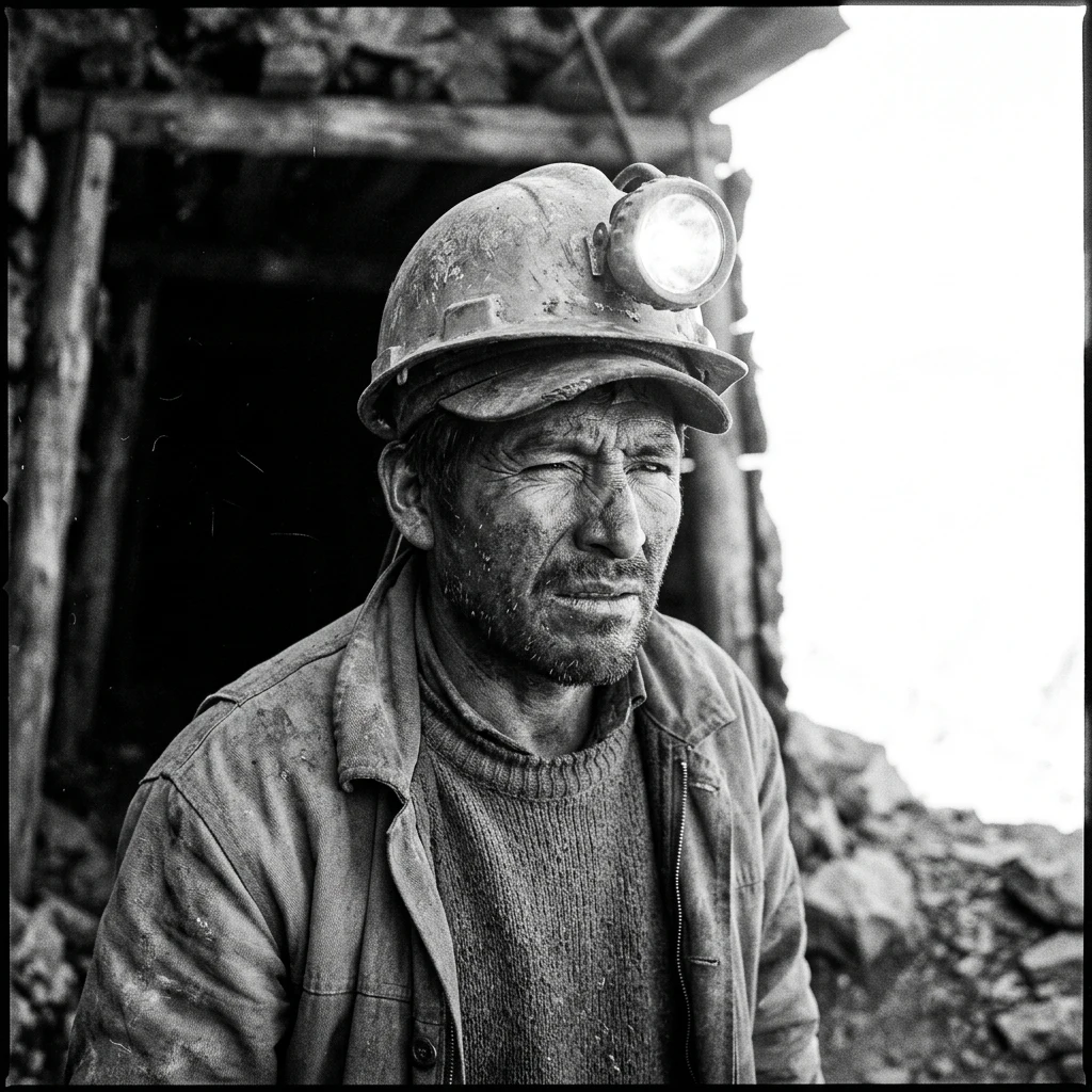 An Andean miner in his forties emerging from a dark tunnel mouth into harsh high-altitude…