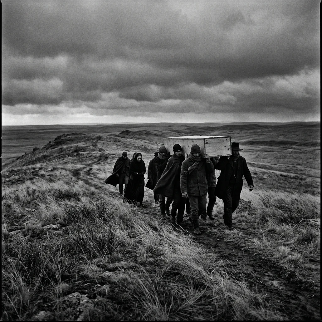 A pioneer funeral procession walking across a barren prairie ridge