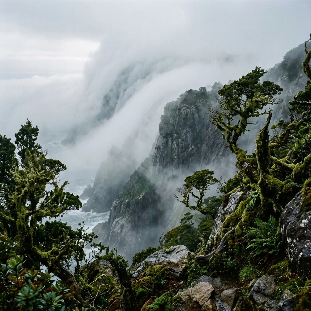 Fog rolling over mossy coastal cliffs