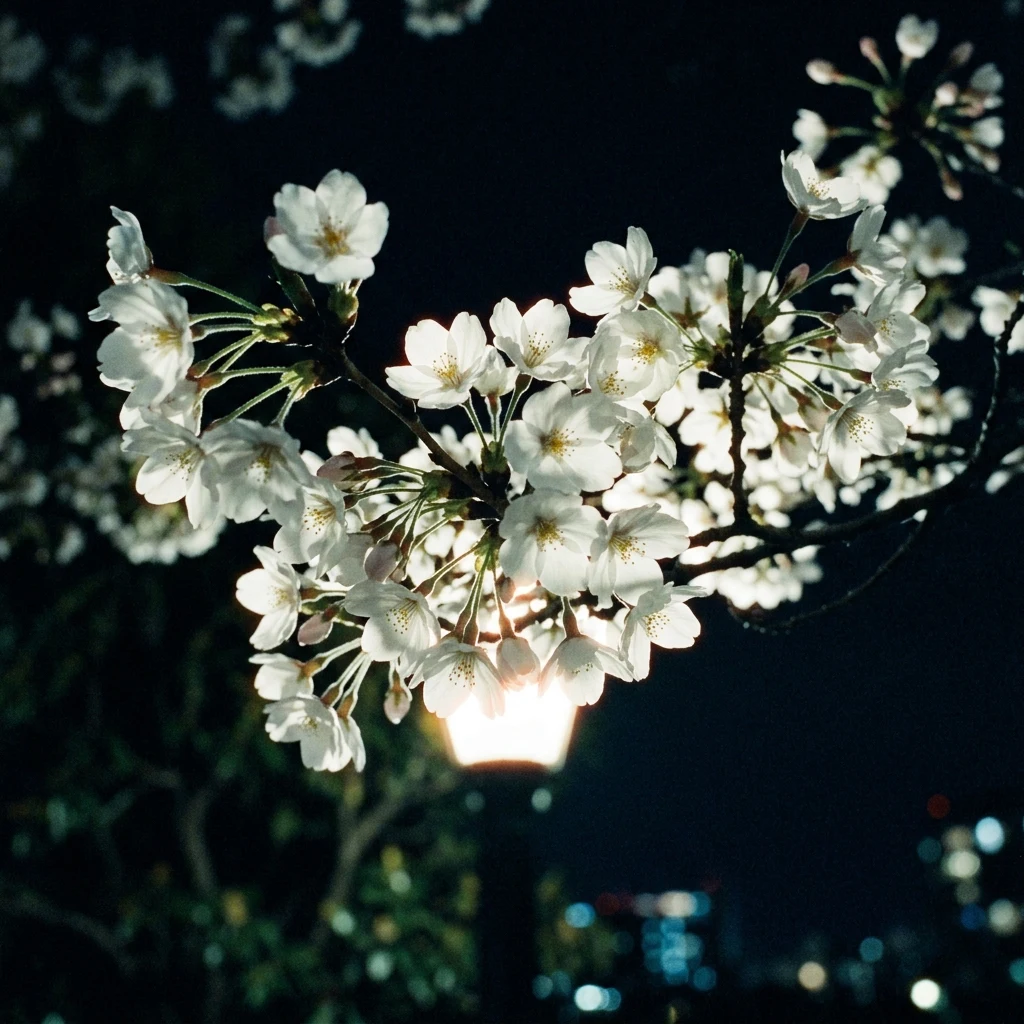 White cherry blossoms glowing at night