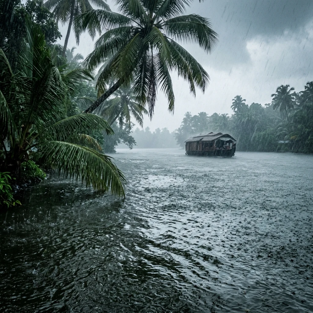 Heavy rain falling on a tropical waterway