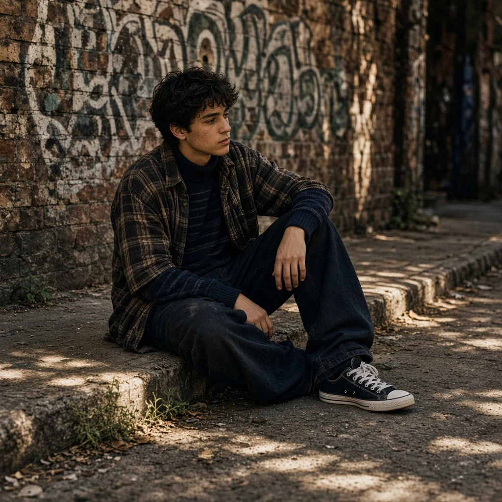 Contemplative moment on a sunny urban curb