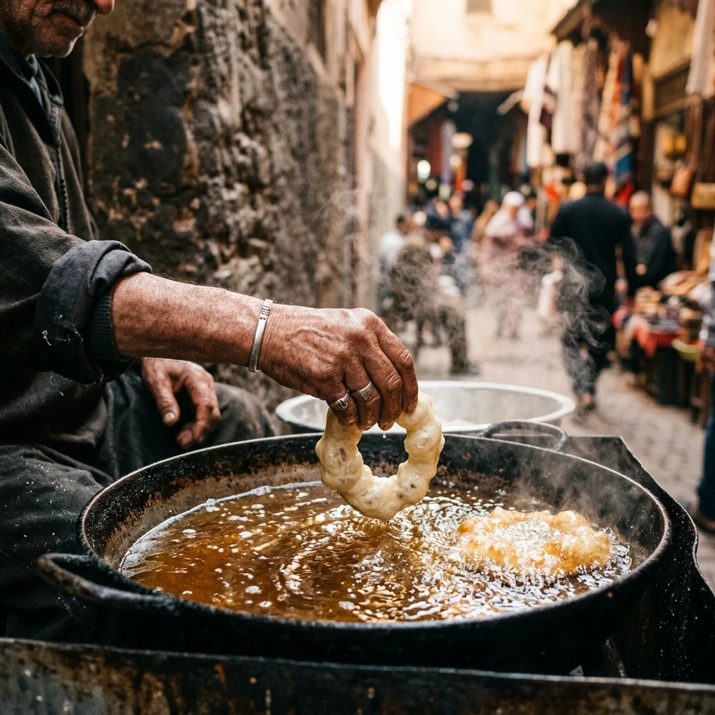 Vendor frying dough in a busy market