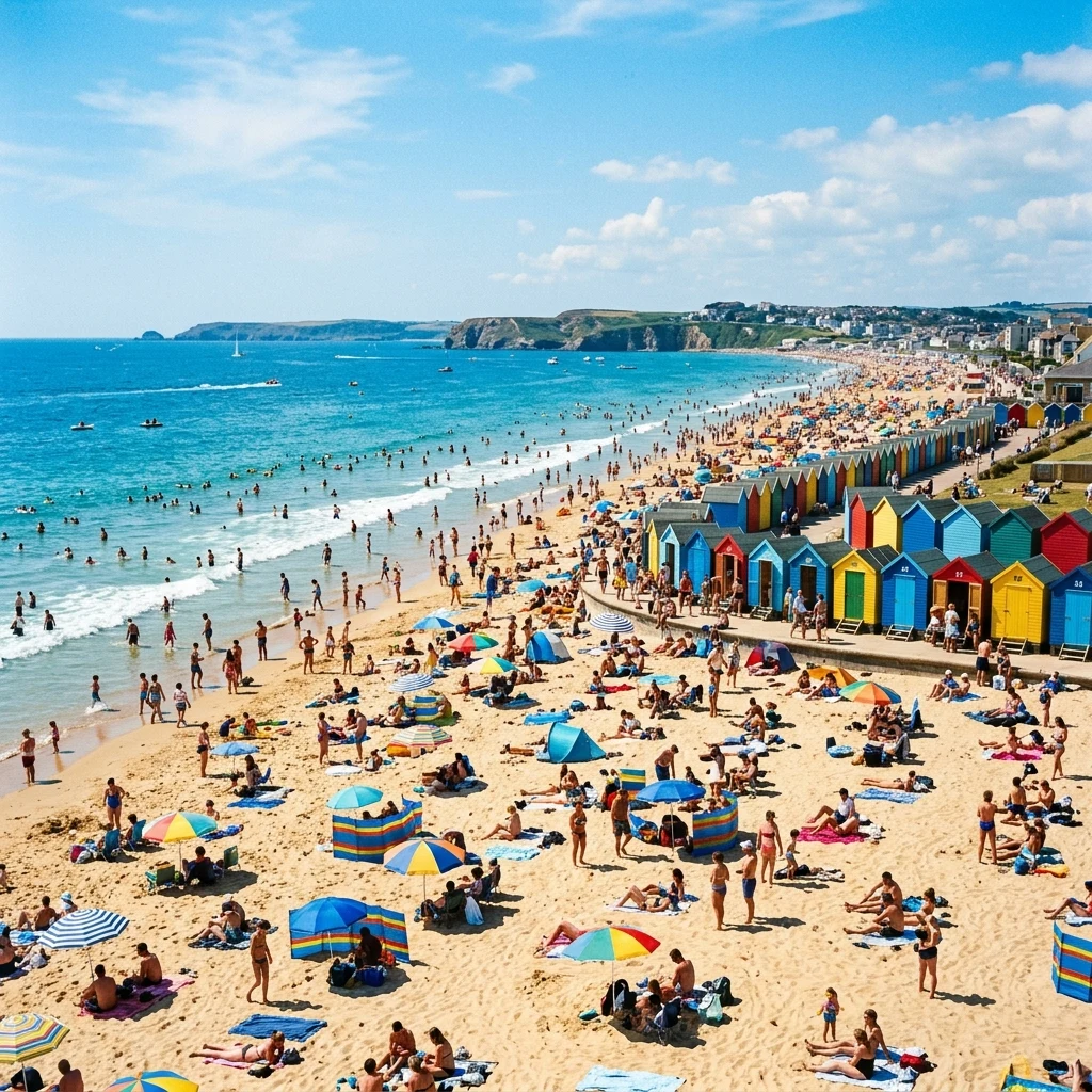 A crowded summer day at Bournemouth Beach in the UK