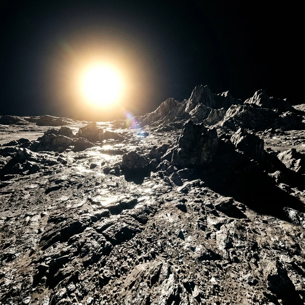 A dramatic surface render standing at the base of Vesper Ridge on Mercury