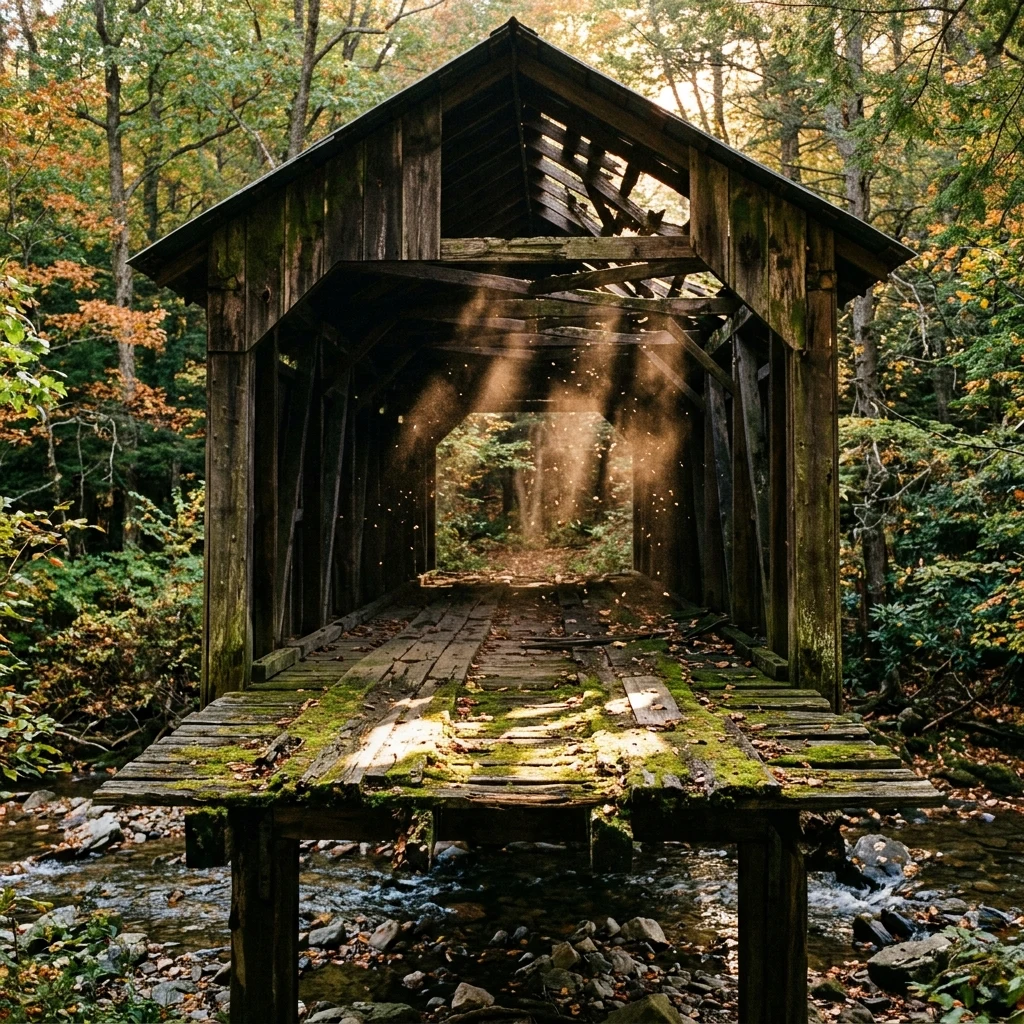 Sunlight streaming through an old wooden bridge
