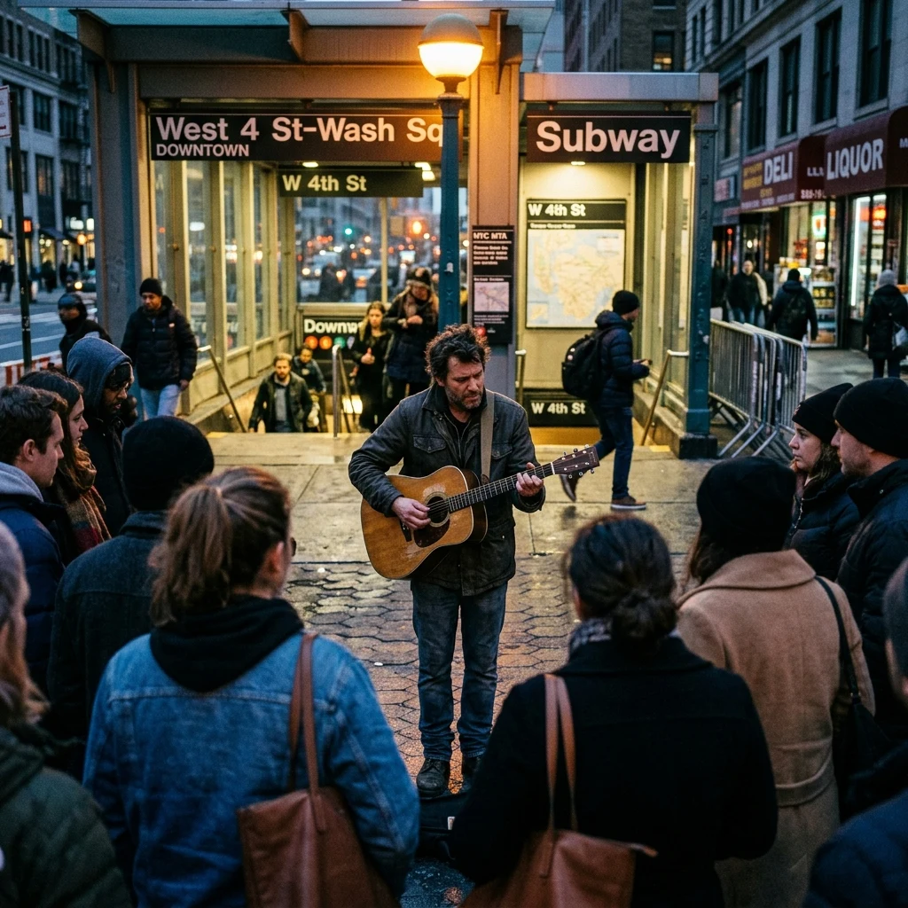 A street musician with a crowd thickening around him at a subway entrance