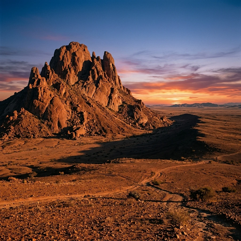 The towering red-granite dome of the Brandberg Massif standing isolated on the flat Namib…