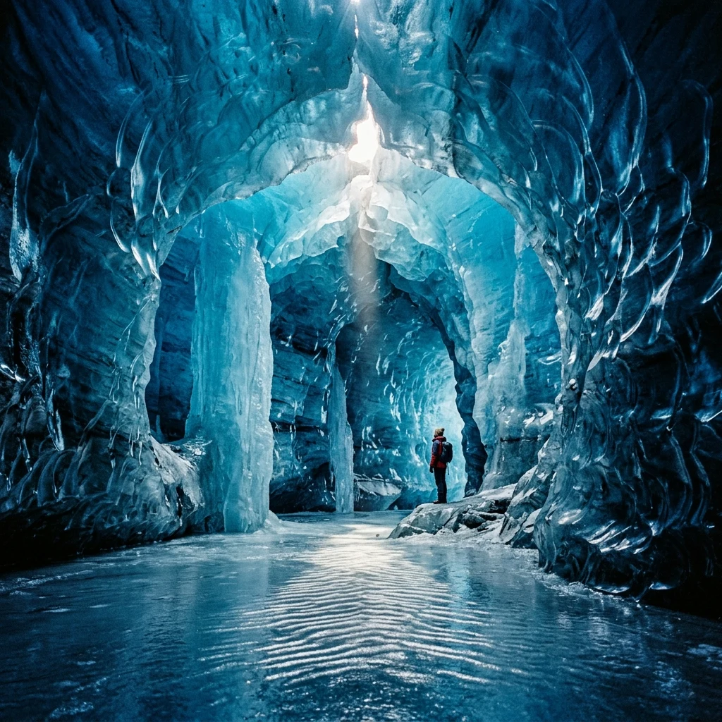 An epic ice cave interior sculpted from translucent blue glacier ice